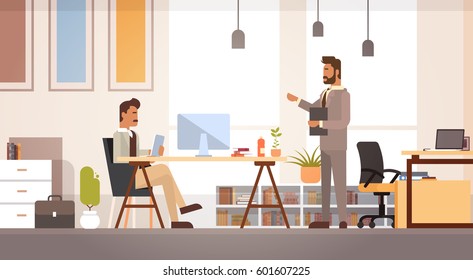 Two Business Man Meeting Discussing Office Desk Businesspeople Working Flat Vector Illustration