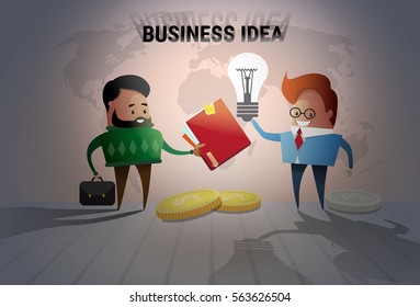 Two Business Man New Idea Concept Light Bulb Creative Brainstorm Cooperation Flat Vector Illustration
