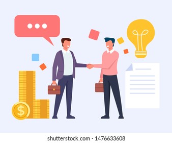 Two business man office workers people characters shaking hands. Vector flat cartoon graphic design illustration