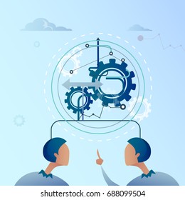 Two Business Man Point Finger On Cog Wheel Businessman Brainstorming Process Flat Vector Illustration