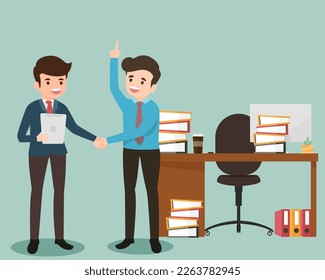 Two business man shake hands get acquainted greeting at workplace desk. Client close deal make agreement at workplace. Business partners making agreement illustration. Successful deal.