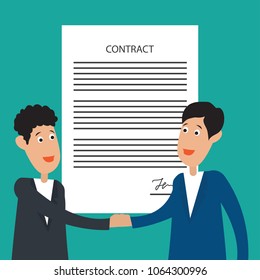 two business man shaking hands to each other with signed contract form. vector illustration