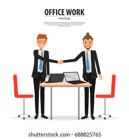 Two business man shaking hands at office work. illustration vector of business concept.