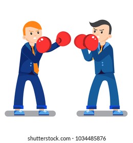 Two business man squaring off against each other in a fight wearing red boxing gloves conceptual of corporate rivalry, business ambition and competition, cartoon vector illustration isolated on white