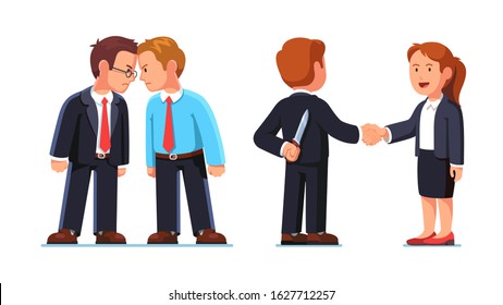 Two business man standing clashing colliding heads in fight. Interpersonal relationship conflicts. Lies, deceit of dishonest person or insincere crooked con man. Flat vector character illustration set