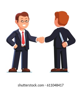 Two business man standing shaking hands. Businessman holding knife behind his back. Treacherous deal or betrayal metaphor. Hiding killer maniac concept. Flat style vector illustration.