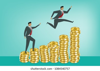 two business man step up to the stack golden coin