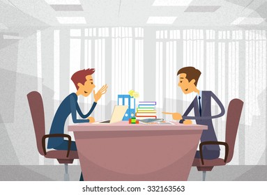 Two Business Man Talking Discussing, Businessmen Chat Sitting Office Desk Concept Communication Flat Vector Illustration