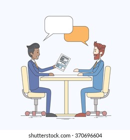 Two Business Man Talking Discussing Chat Box Bubble Communication Sitting at Office Desk Vector Illustration
