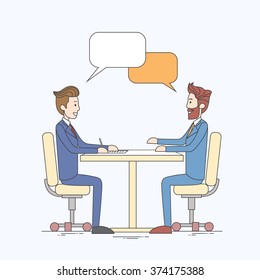 Two Business Man Talking Discussing Chat Box Bubble Communication Sitting at Office Desk Vector Illustration