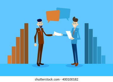 Two Business Man Talking Discussing Hold Paper Document Chat Bubble Communication Finance Bar Graph Flat Vector Illustration