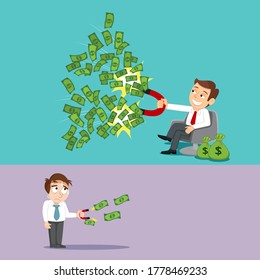 Dos hombres de negocios usan imán para atraer dinero, ilustración vectorial cartoon
