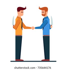 Two business mans isolated handshaking with hide a knife in the back