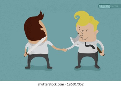 Two business mans shaking hands and hiding weapon behind their backs  , eps10 vector format