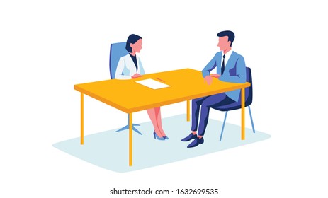 Two business meeting and talking to target. Concept business vector illustration. Flat vector design. Cartoon style.
