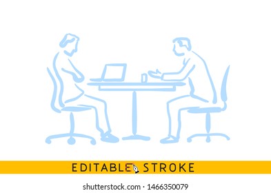 Two business men conversation icon. Line doodle blue sketch. Editable stroke icon.