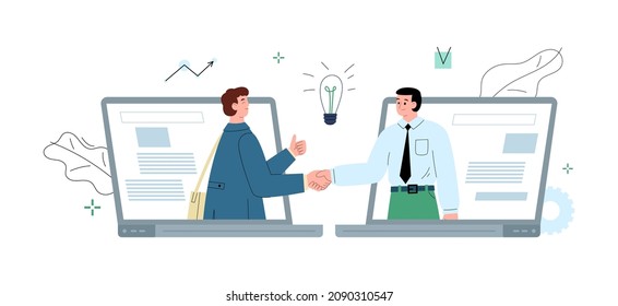 Two business men cooperate and shake hands through the laptops, flat vector illustration on white background. Online partnership and deal making. People sign contracts and develop strategies.