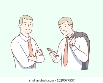 Two business men coworkers or partners standing together, having break and communicating. Relaxed businessman with arms crossed and friend colleague using mobile phone. Flat line vector illustration