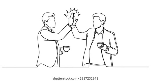 Two business men giving a high five while holding coffee cups in a simple continuous line drawing style for professional success and teamwork concept Vector, illustration