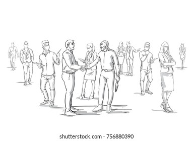 Two Business Men Handshake Silhouette Over Businesspeople Group Crowd, Businessmen Boss Shaking Hands Vector Illustration