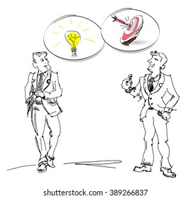 Two business men with the light bulb and target. Team work, start up, funding business conception