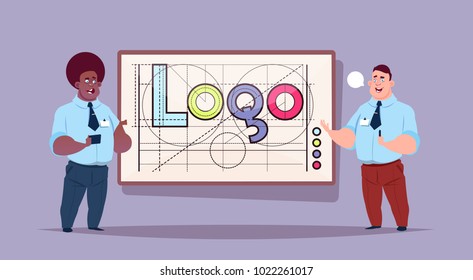 Two Business Men Over Logo Word Creative Graphic Design On Abstract Geometric Shapes Background Vector Illustration