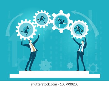 Two business men rolling gears with office people in it, representing competitive and busy life