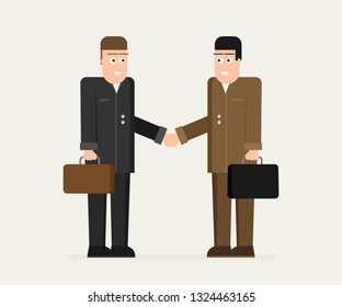 Two business men shaking hands to seal a deal . Partnership. Flat vector iilustration.