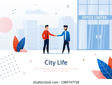 Two Business Men Shaking Hands Banner. Partners Hand Shake Concept Vector Illustration. Businesspeople Having Successful Agreement Or Deal near Office Center. Characters Discussing, Negotiating.