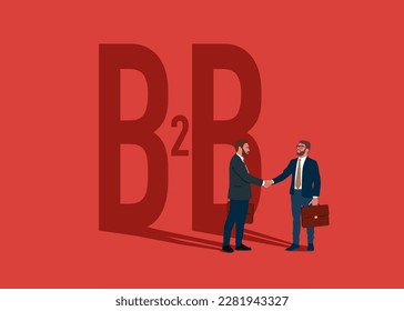 Two business men shaking hands. Block B2B Business-to-Business, Networking, Technology, Marketing and Internet. Modern vector illustration in flat style