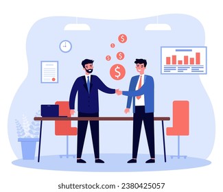 Two business men shaking hands in office. Flat vector illustration. Partnership, agreement, profit, business meeting concept
