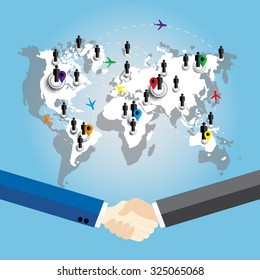Two business men shaking hands on world map background