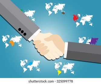 Two business men shaking hands on world map background