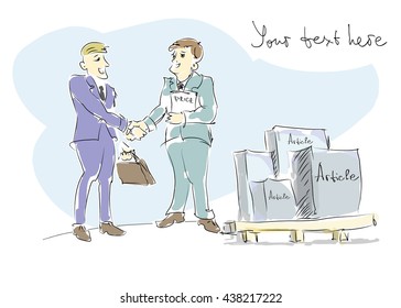  Two business men shaking the hands and making a deal, and the boxes of some goods. Partnerships, Deal, Marketing, Wholesale, Logistic and Export concept.