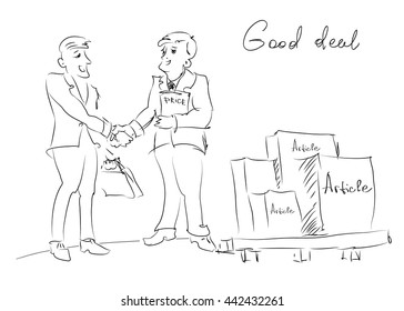 Two business men shaking the hands and making a deal, and the boxes of some goods. Partnerships, Deal, Marketing, Wholesale, Logistic and Export concept