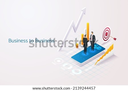 Two business men shaking hands Block B2B Business-to-Business, Technology, Marketing, Internet and Networking. Business news analytics, landing page. Isometric vector illustration