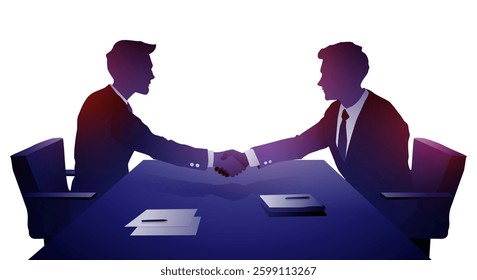 Two Business Men Sit In Office And Shake Hand. Deal Or Hiring Concept