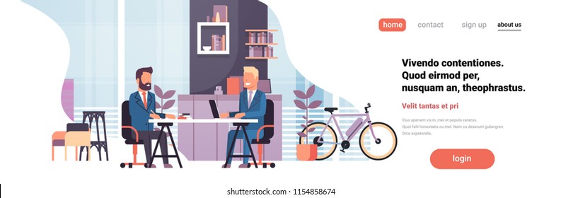 Two Business Men Sitting Office Desk Modern Coworking Space Working Together Interior Background Male Cartoon Character Horizontal Banner Flat Vector Illustration