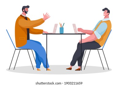 Two business men sitting at office desk talking brainstorming, meeting or interview concept flat vector illustration. Colleagues working with laptop, typing, communicating. Emotional conversation