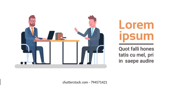 Two Business Men Sitting At Office Desk Talking Brainstorming Meeting Or Interview Concept Flat Vector Illustration