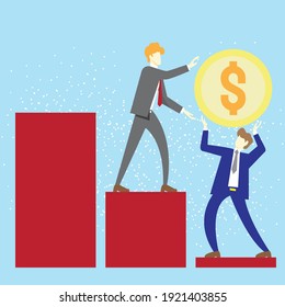 The two business men standing on chart and hold a gold coin vector image