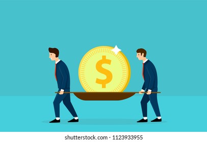 Two business men take a dollar on stretcher. Fun business concept. Vector design design.