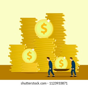 Two business men take a salary on stretcher. Big money. Bank. Saving money Fun business concept. Vector design design.