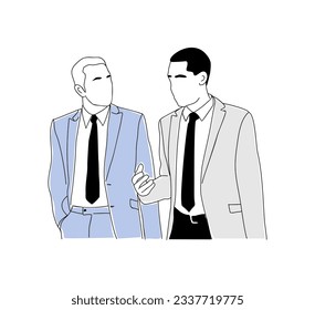 Two business men talking, discussing, working together. Business concept scene. Modern vector simple outline style illustration for graphic and web design. Isolated on white background