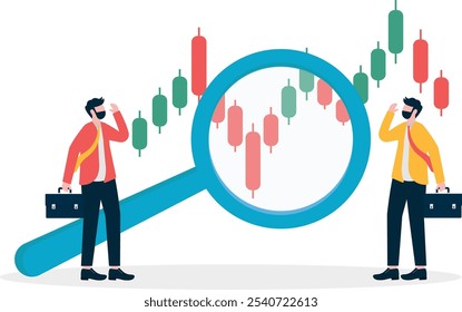 Dos hombres de negocios usan lupa para mirar los datos del mercado de valores en alza

