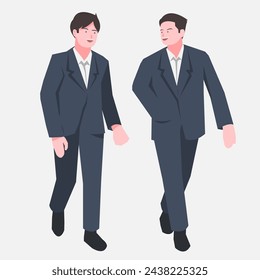 Two business men are walking while talking. Suitable for business themes. Work in office, suit, success. Flat vector illustration.