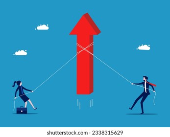 Two business men and women help pull arrows. Compete for growth. vector 