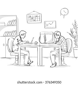 Two Business Men Working Office Interior Sketch Vector Illustration