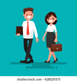 Two business partner go together. Vector illustration of a flat design