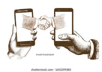 Two business partners agreed a deal and doing handshaking. Vector sketch handshake, shaking hands. Hand drawn engraving style retro vintage illustration of the modern smartphone